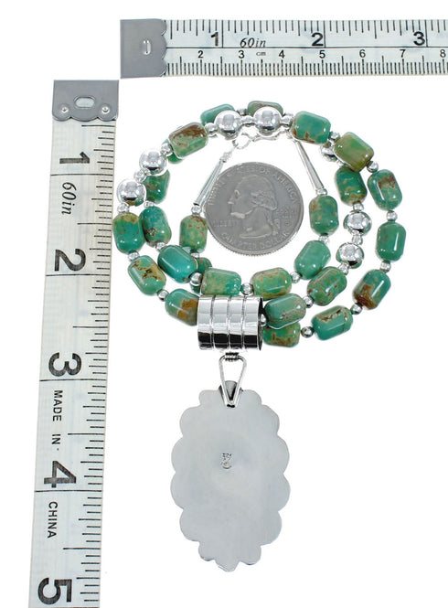 Navajo Turquoise Sterling Silver Bead Necklace And Pendant Set JX130626